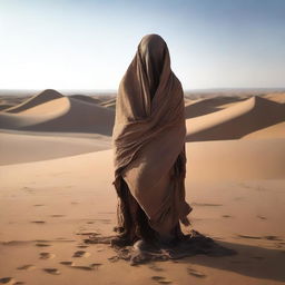 A person completely wrapped in rags stands facing the viewer in the middle of a desert