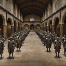 A grand hall displaying the armor sets of all noble houses from Game of Thrones, arranged in an impressive exhibit