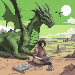 A scene depicting a person transported to another world by a spell, surrounded by a laptop, green tea, and chocolate with nuts