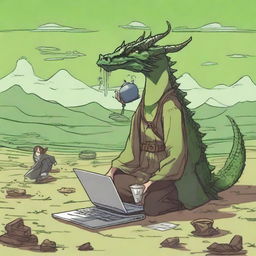 A scene depicting a person transported to another world by a spell, surrounded by a laptop, green tea, and chocolate with nuts