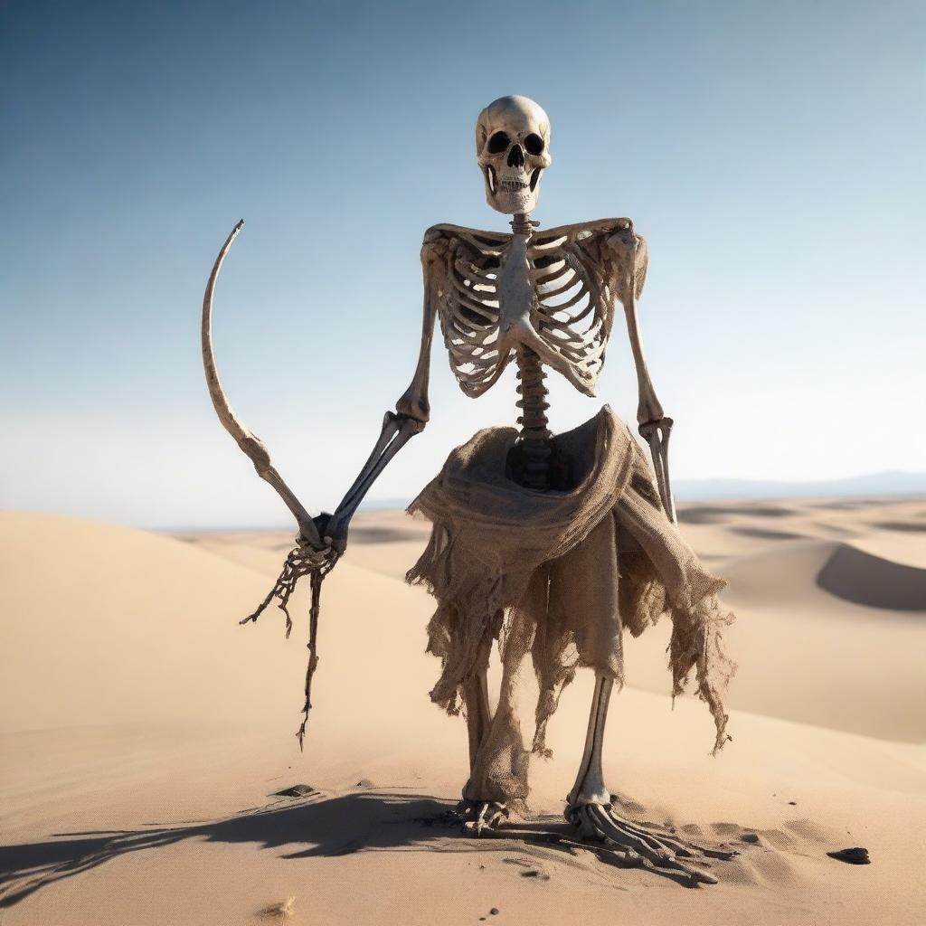 A skeleton dressed in tattered rags stands in the middle of a desert, holding a bow in its bony hands