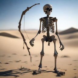 A skeleton dressed in tattered rags stands in the middle of a desert, holding a bow in its bony hands