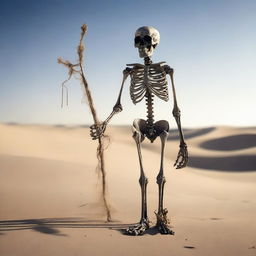 A skeleton dressed in tattered rags stands in the middle of a desert, holding a bow in its bony hands