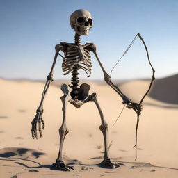 A skeleton dressed in tattered rags stands in the middle of a desert, holding a bow in its bony hands