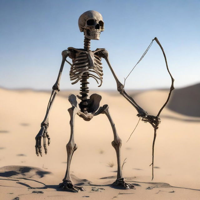 A skeleton dressed in tattered rags stands in the middle of a desert, holding a bow in its bony hands