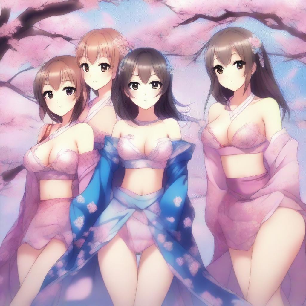 A group of anime girls in a seductive pose, featuring detailed and vibrant artwork, with an emphasis on their alluring expressions and stylish outfits