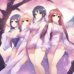 A group of anime girls in a seductive pose, featuring detailed and vibrant artwork, with an emphasis on their alluring expressions and stylish outfits