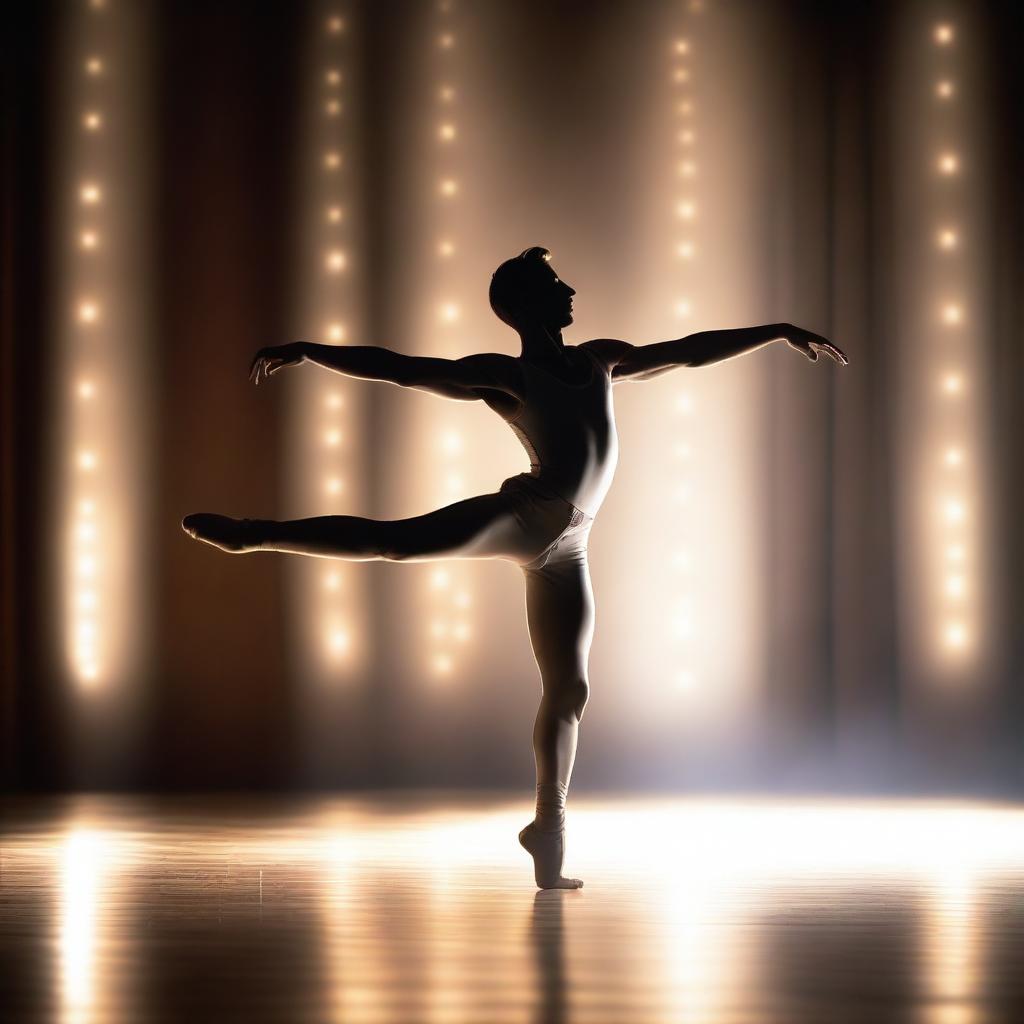 A male dancer performing an elegant ballet move on stage, with a spotlight highlighting his grace and poise