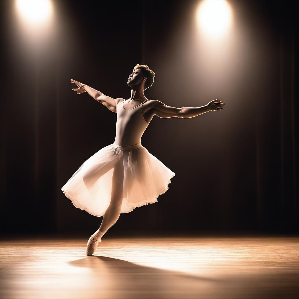 A male dancer performing an elegant ballet move on stage, with a spotlight highlighting his grace and poise