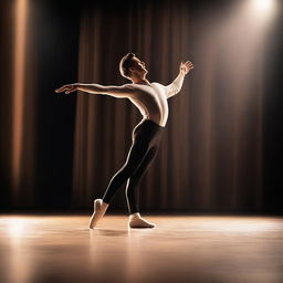 A male dancer performing an elegant ballet move on stage, with a spotlight highlighting his grace and poise