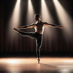 A male dancer performing an elegant ballet move on stage, with a spotlight highlighting his grace and poise