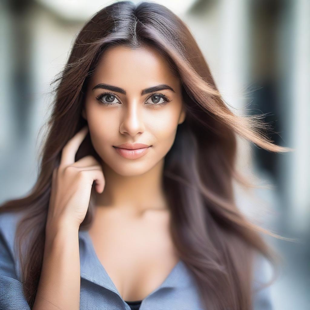 A beautiful young woman gazing directly into the camera with a confident and alluring expression