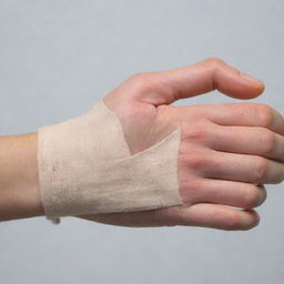 A human hand in the rehabilitative phase after suffering a burn, showcasing care techniques such as bandaging, application of healing ointments and minor physiotherapy exercises.