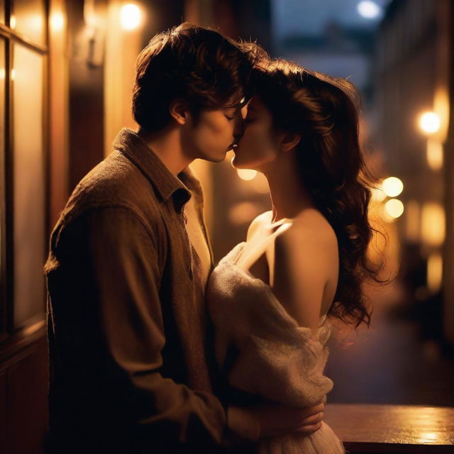 A romantic and intimate scene featuring two characters sharing a passionate kiss