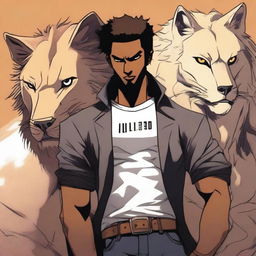 A fierce-looking young black handsome man standing confidently with a lion, a wolf, and an eagle behind him