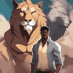 A fierce-looking young black handsome man standing confidently with a lion, a wolf, and an eagle behind him