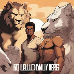 A fierce-looking young black handsome man standing confidently with a lion, a wolf, and an eagle behind him