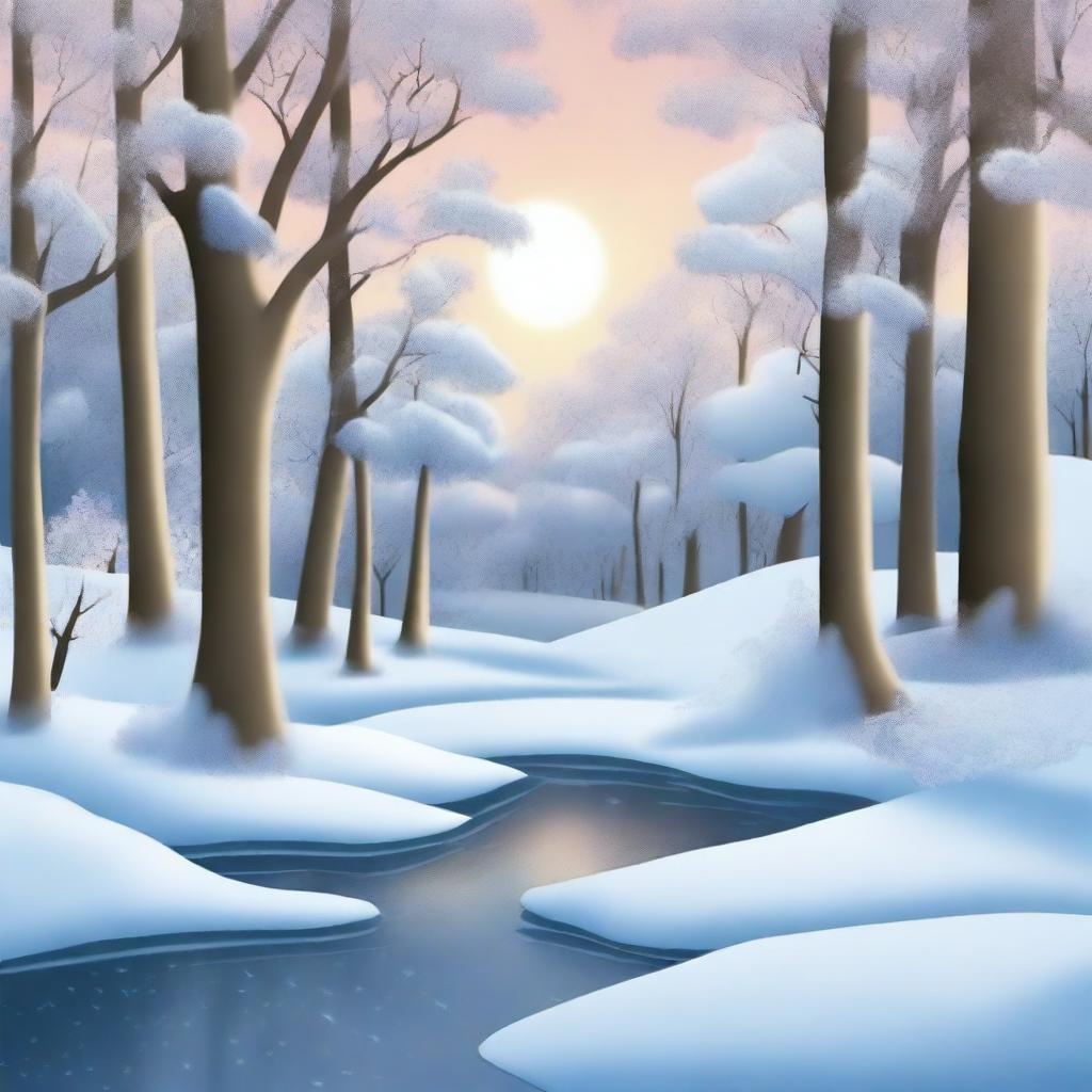 Create a wide-angle cartoon drawing of a winter scene in the mystical 'Four Seasons Forest