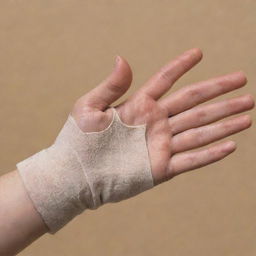 A human hand in the rehabilitative phase after suffering a burn, showcasing care techniques such as bandaging, application of healing ointments and minor physiotherapy exercises.