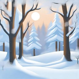 Create a wide-angle cartoon drawing of a winter scene in the mystical 'Four Seasons Forest