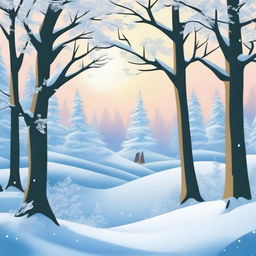 Create a wide-angle cartoon drawing of a winter scene in the mystical 'Four Seasons Forest