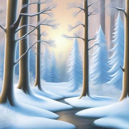 Create a wide-angle cartoon drawing of a winter scene in the mystical 'Four Seasons Forest