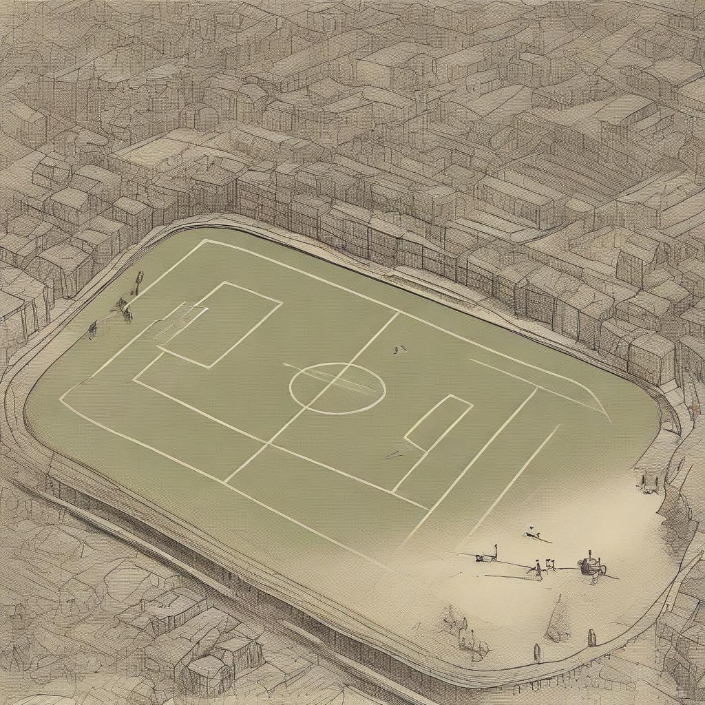 Create an image featuring a sports field in the foreground with an old atlas in the background