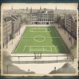 Create an image featuring a sports field in the foreground with an old atlas in the background