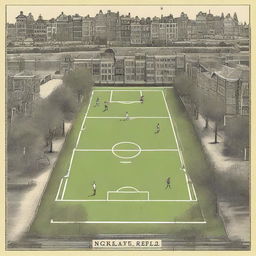 Create an image featuring a sports field in the foreground with an old atlas in the background