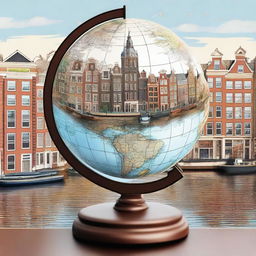 Create an image featuring a detailed view of Amsterdam in the foreground with a world globe atlas in the background