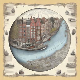 Create an image featuring a detailed view of Amsterdam in the foreground with a world globe atlas in the background