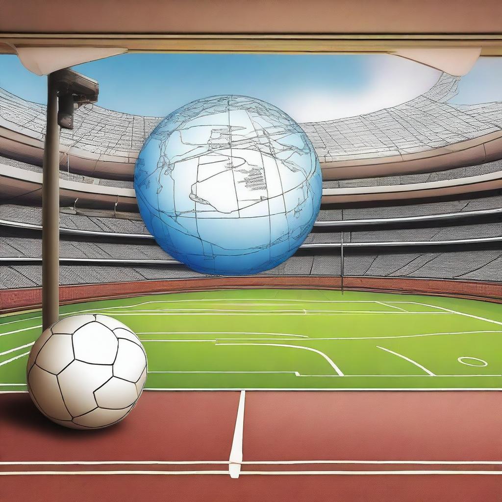 Create an image featuring a sports field in the foreground with a world globe atlas in the background