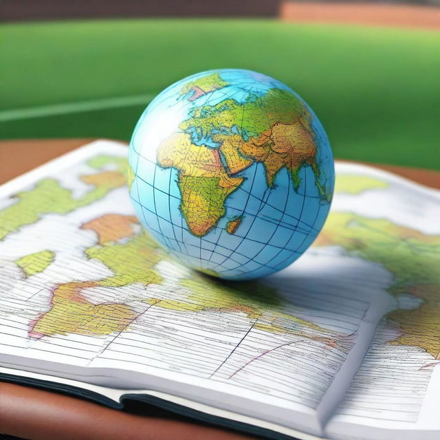 Create an image featuring a sports field in the foreground with a world globe atlas in the background