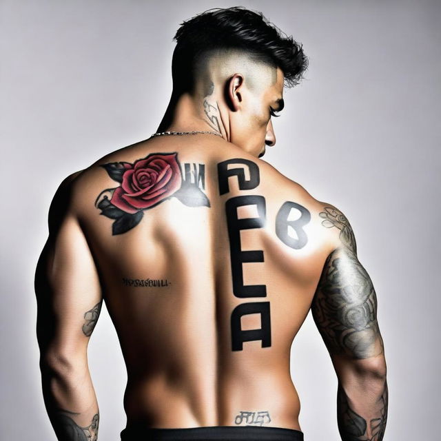 A muscular man with his back to the viewer, showcasing a rose tattoo on his thigh with the name 'Rosalía' clearly visible