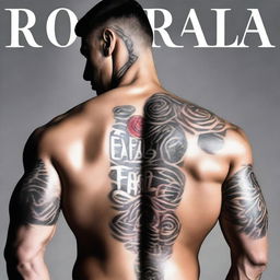 A muscular man with his back to the viewer, showcasing a rose tattoo on his thigh with the name 'Rosalía' clearly visible