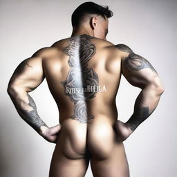 A muscular man with his back to the viewer, showcasing a rose tattoo on his thigh with the name 'Rosalía' clearly visible