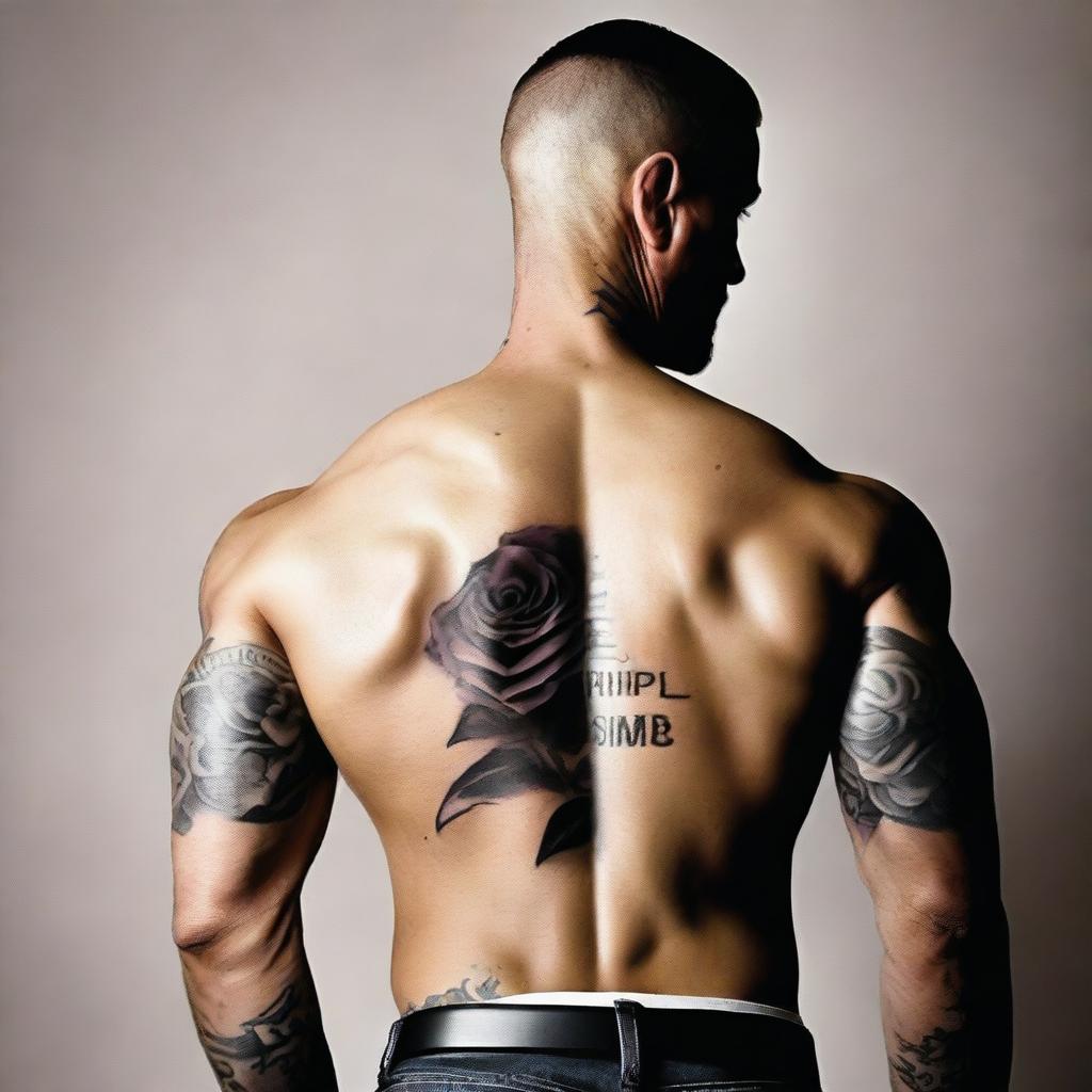 A muscular man with his back to the viewer, showcasing a rose tattoo on his thigh