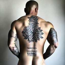 A muscular man with his back to the viewer, showcasing a rose tattoo on his thigh