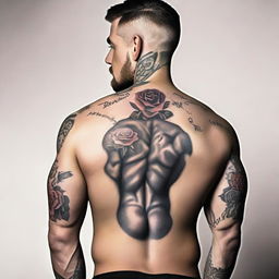 A muscular man with his back to the viewer, showcasing a rose tattoo on his thigh