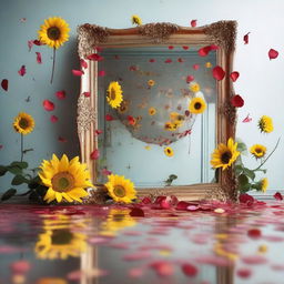 An artistic scene with broken mirrors floating around, surrounded by flying rose petals