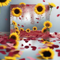 An artistic scene with broken mirrors floating around, surrounded by flying rose petals