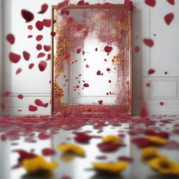 An artistic scene with broken mirrors floating around, surrounded by flying rose petals