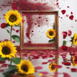 An artistic scene with broken mirrors floating around, surrounded by flying rose petals