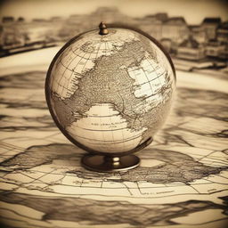 Create an image featuring the top portion of a globe in the foreground, with an old map of Amsterdam in the background