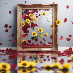 An artistic scene with broken pieces of mirror floating around, surrounded by flying rose petals