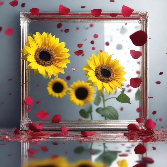 An artistic scene with broken pieces of mirror floating around, surrounded by flying rose petals