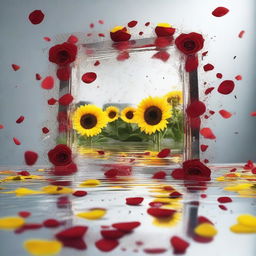 An artistic scene with broken pieces of mirror floating around, surrounded by flying rose petals