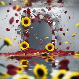 An artistic scene with broken pieces of mirror floating around, surrounded by flying rose petals