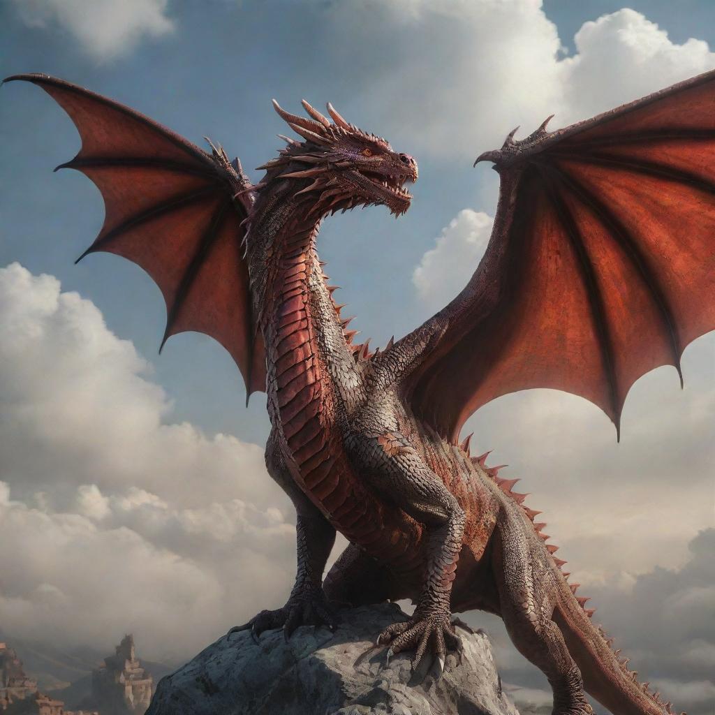 A majestic pose of a central dragon with all the Targaryen dragons soaring around in the sky