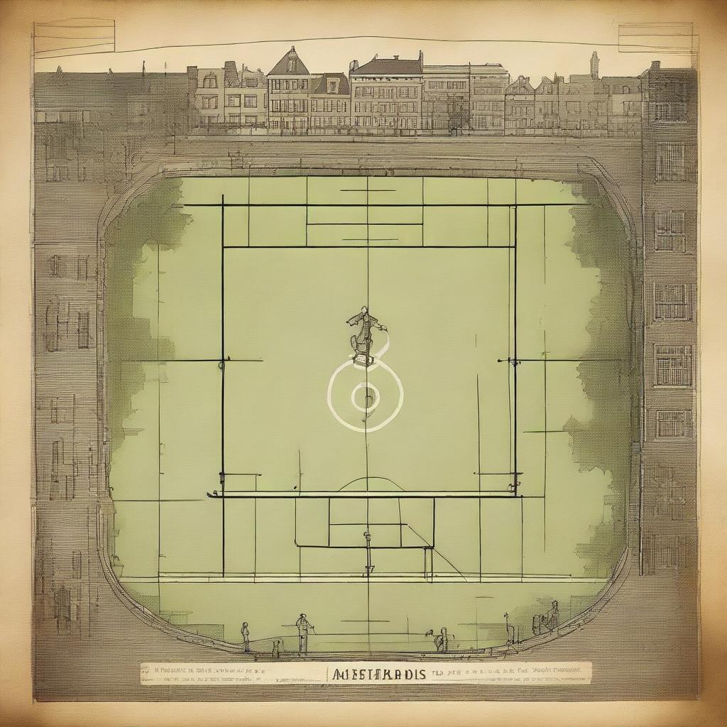 Create an image featuring a sports field in Amsterdam with an old atlas as the background